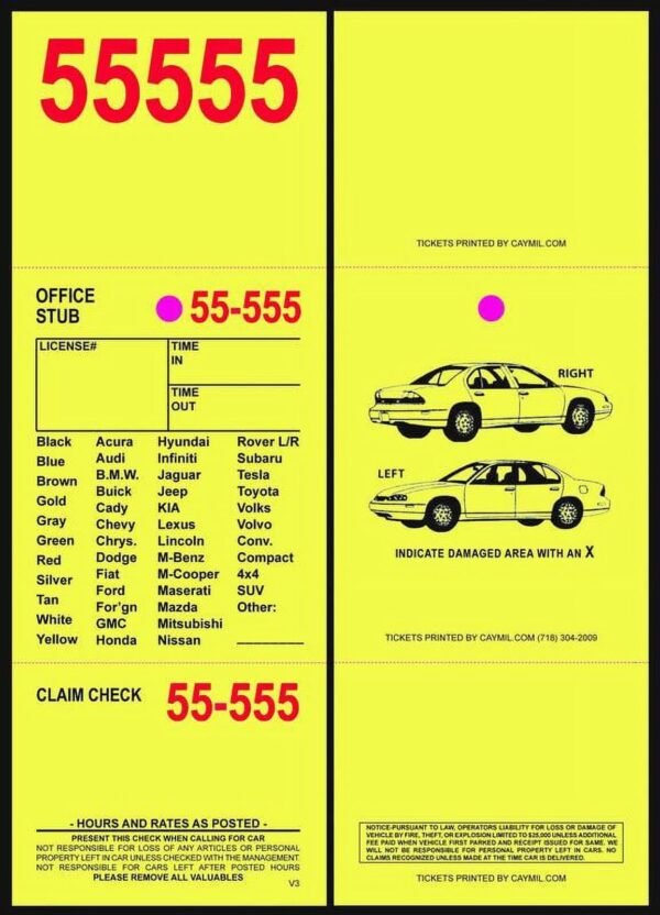 Valet Parking Tickets 3-Part 1 000 with Free Parking Receipts (Yellow)